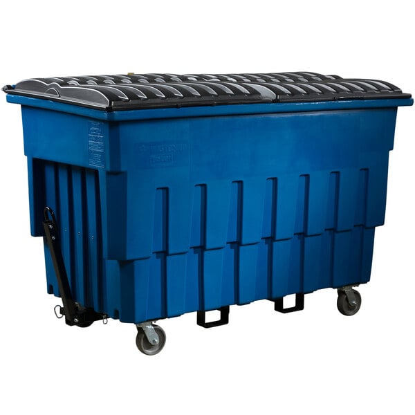 A blue Toter industrial trash truck with attached lid and wheels.