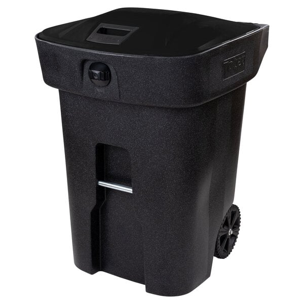 A black Toter rectangular trash can with wheels and a black lid.