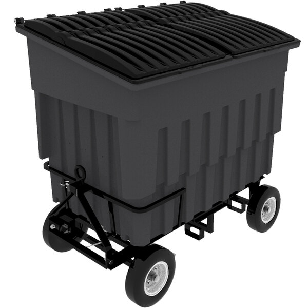 A black industrial trash container on wheels.
