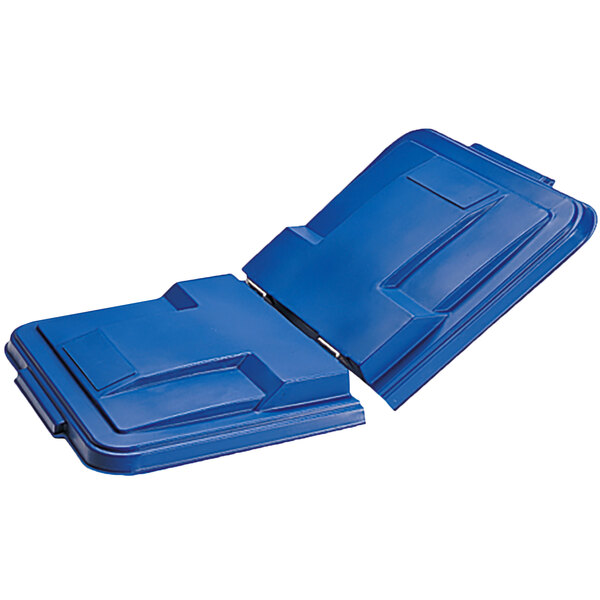A blue plastic lid with split openings for a Toter waste receptacle.