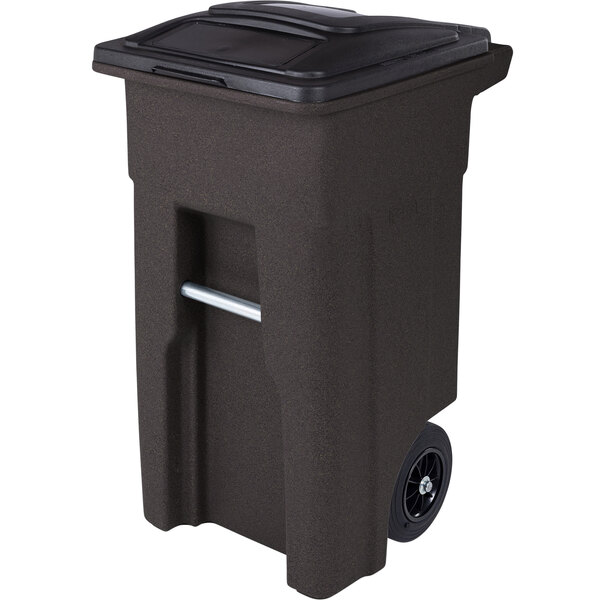 A brownstone Toter rectangular trash can with wheels and a lid.