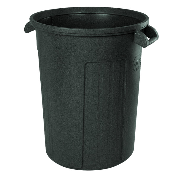 A black plastic Toter round trash can with handles.