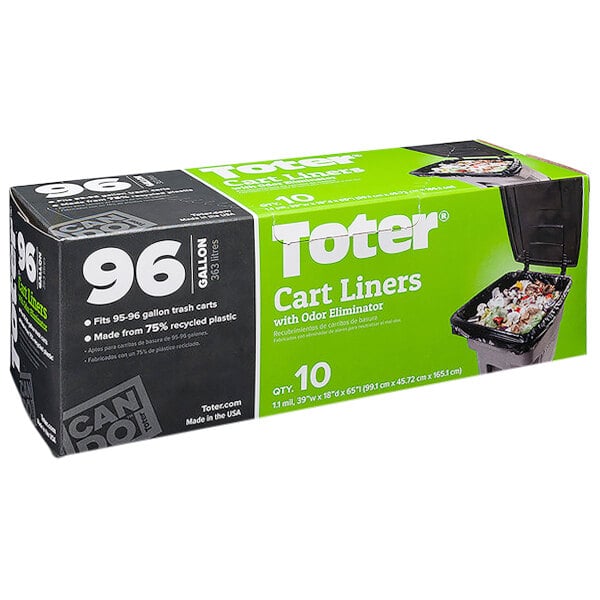 A black box of Toter 96-gallon cart liners with white and green text.