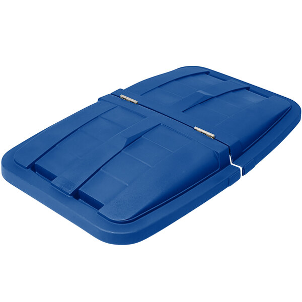 A blue plastic Toter lid with two hinges.