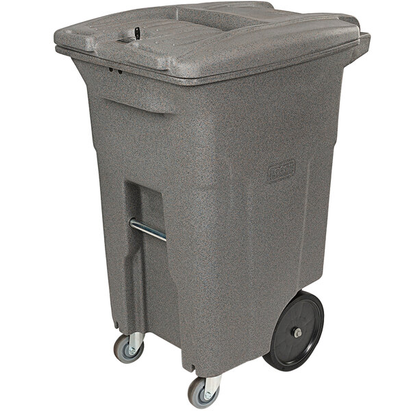 A grey Toter rectangular wheeled commercial trash can.