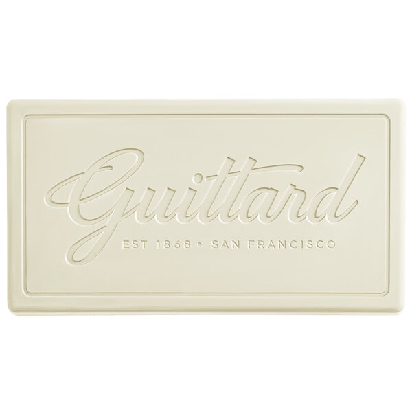 A white rectangular Guittard High Sierra White Chocolate bar with brown text.