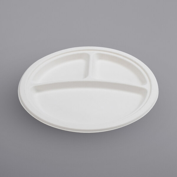 Fineline 42RP09S3 Conserveware 9" Bagasse 3 Compartment Round Plate - 500/Case