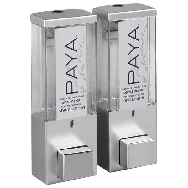A satin silver wall mounted shower dispenser with two translucent bottles with the Paya logo.