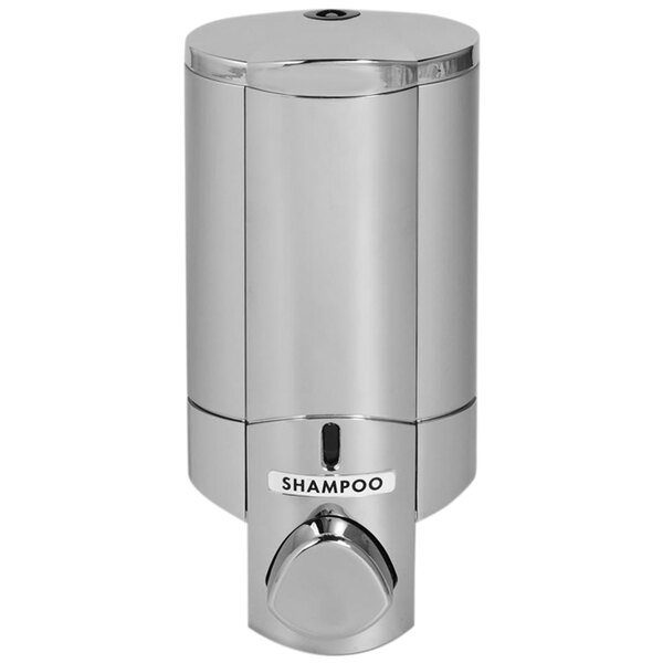 A chrome wall-mounted shower dispenser with a satin silver bottle and locking button.