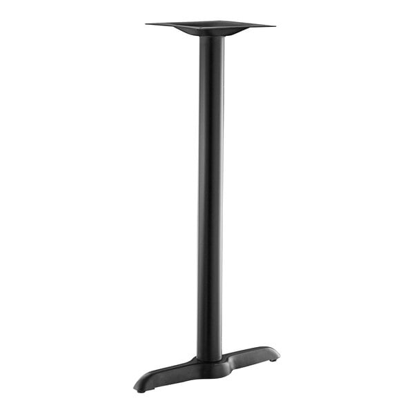 A black metal Lancaster Table & Seating Excalibur bar height table base with a black pole.