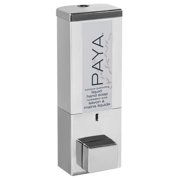 A satin silver Dispenser Amenities wall mounted shower dispenser with a white rectangular label with the word "Paya" in white.
