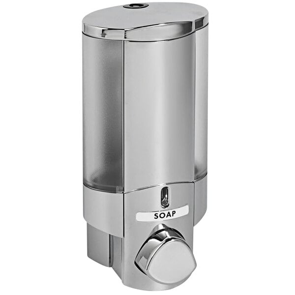 A chrome Dispenser Amenities Aviva soap dispenser with a clear plastic bottle and knob.