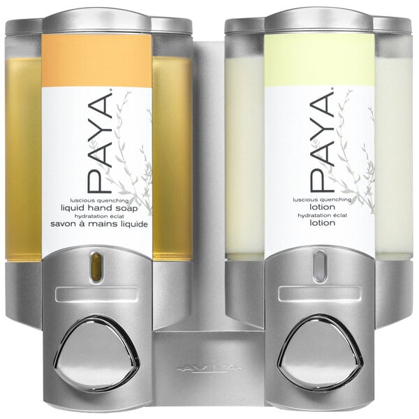 A close-up of a satin silver Paya 2-chamber wall-mounted soap dispenser with Paya logo.