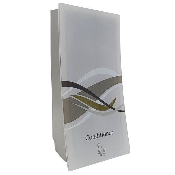 A white box with a logo for a satin silver wall mounted conditioner dispenser.