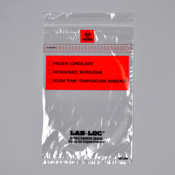 A clear plastic bag with a red and black removable label with the words "Biohazard" and "Lab" on it.