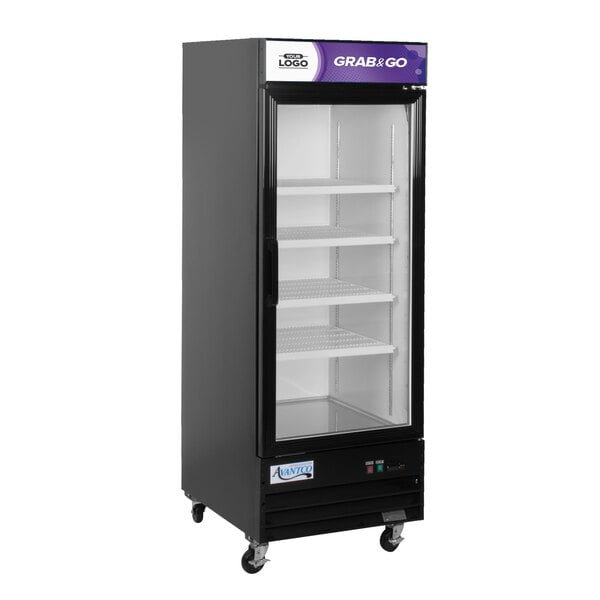 An Avantco black swing glass door refrigerator with shelves.