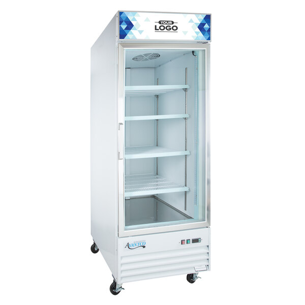 Avantco GDC-24F-HC 31 1/8" White Swing Glass Door Merchandiser Freezer with LED Lighting and Customizable Panel