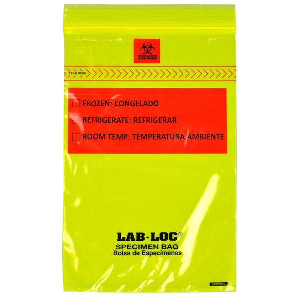 LK Packaging LABZ69YE Lab-Loc 6" x 9" Seal-N-Rip Reclosable Yellow Tint 3-Wall Specimen Transfer Bag with Removable Biohazard Symbol - 1000/Case