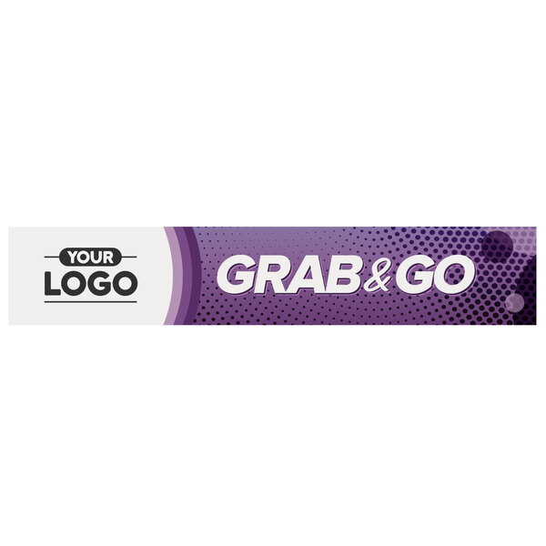 A purple and white rectangular sign panel with white text reading "grab and go"
