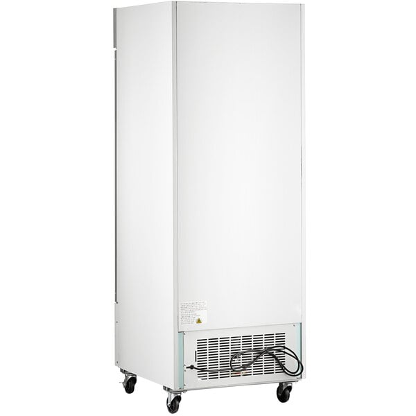 An Avantco white rectangular glass door ice merchandiser with wheels.