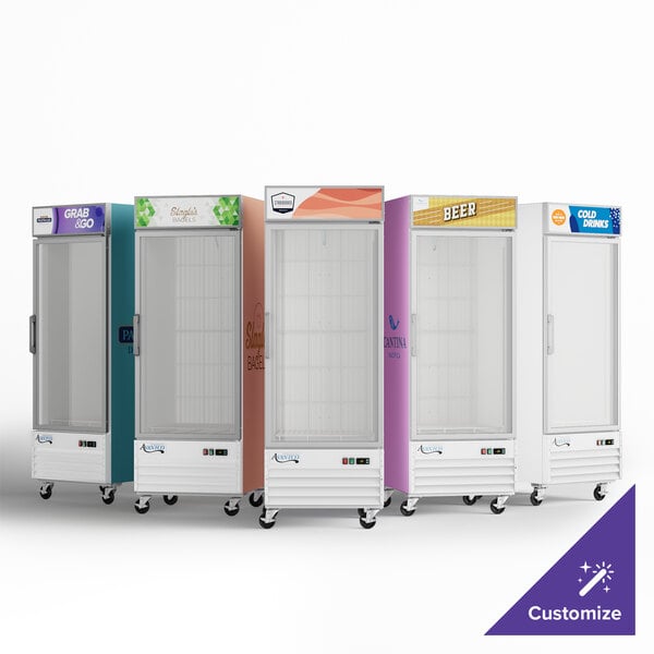 A row of Avantco white glass door ice merchandisers with customizable panels.