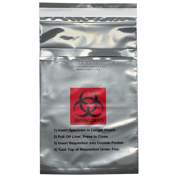 A silver LK Packaging Lab-Loc biohazard specimen transfer bag with a red and black logo.