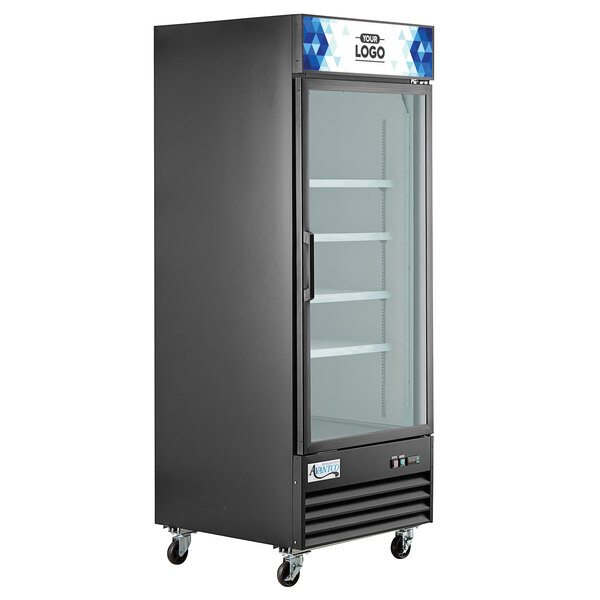 Avantco GDC-24F-HC 31 1/8" Black Swing Glass Door Merchandiser Freezer with LED Lighting and Customizable Panel