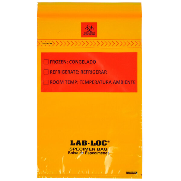 LK Packaging LABZ69OR Lab-Loc 6" x 9" Seal-N-Rip Reclosable Orange Tint 3-Wall Specimen Transfer Bag with Removable Biohazard Symbol - 1000/Case