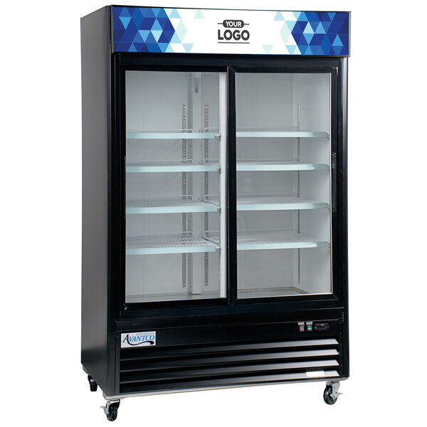 Avantco GDS-47-HC 53" Black Sliding Glass Door Merchandiser Refrigerator with LED Lighting and Customizable Panel