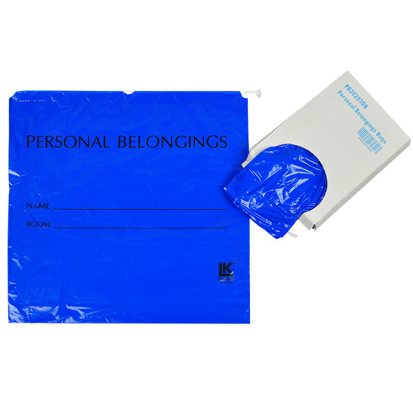 A white box with a LK Packaging blue plastic personal belongings bag.