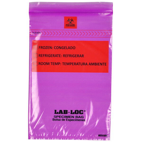 A purple LK Packaging plastic bag with a removable red biohazard label with black text.