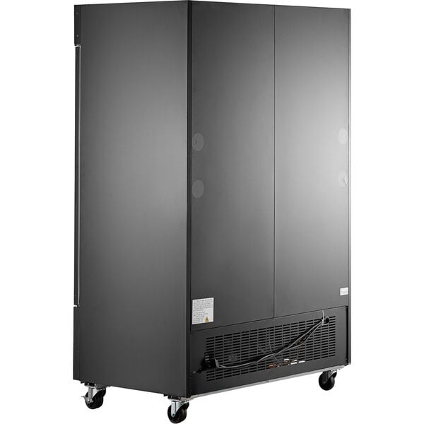 An Avantco black glass door ice merchandiser cabinet with wheels.