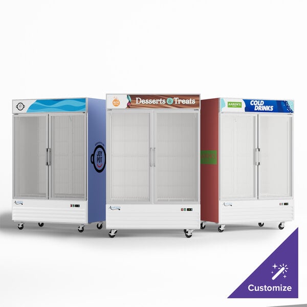 An Avantco white ice merchandiser with customizable panel and glass doors.
