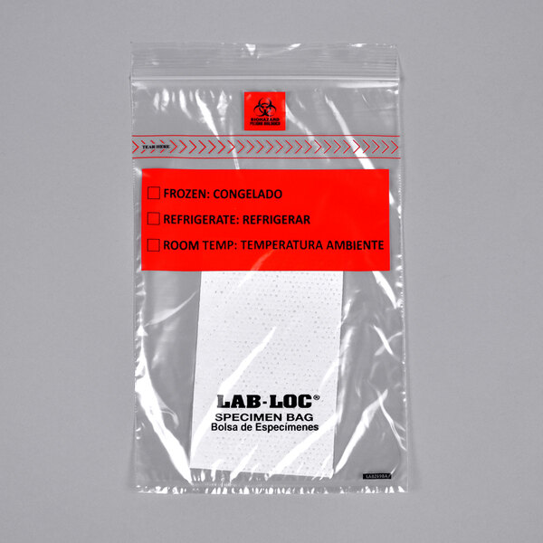 A LK Packaging reclosable plastic bag with a removable biohazard symbol.
