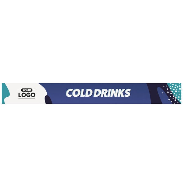 A white rectangular sign with a blue rectangle and white text that says "cold drinks"