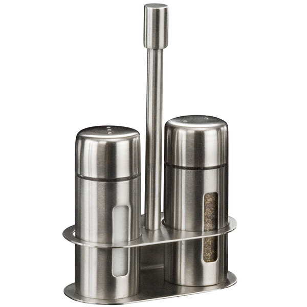 An American Metalcraft stainless steel salt and pepper shaker set on a stand.