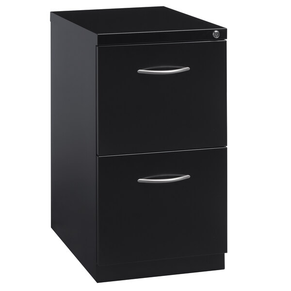 A black Hirsh Industries mobile pedestal file cabinet with 2 file drawers and silver handles.
