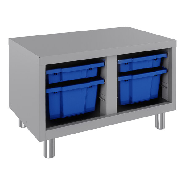 A grey metal Hirsh Industries Huxley storage bench with blue bins inside.