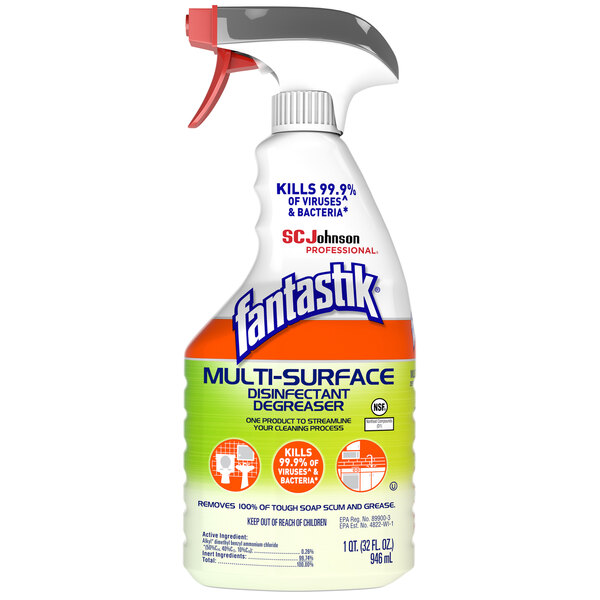 A white SC Johnson bottle of fantastik multi-surface cleaner with a red and white label.