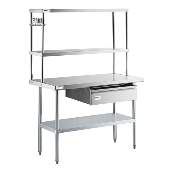 A stainless steel work table with an undershelf, two upper shelves, a drawer, and a pot rack attachment on the left side.