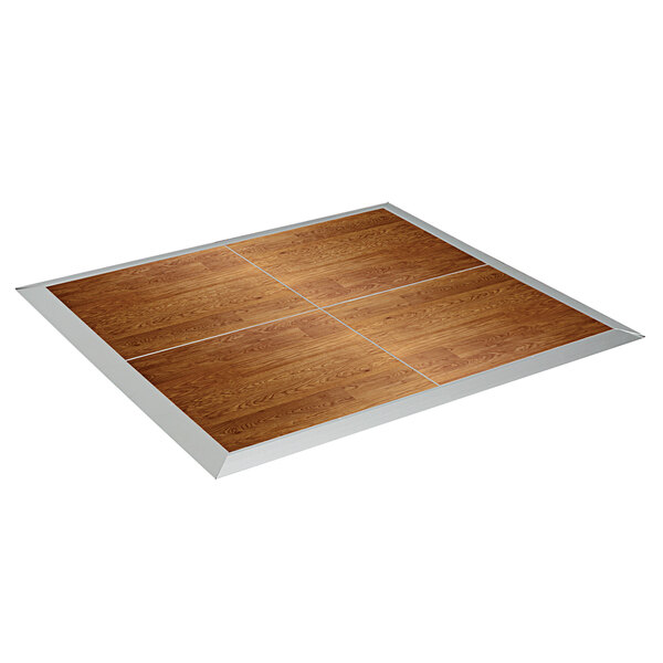 A wooden dance floor with white trim.