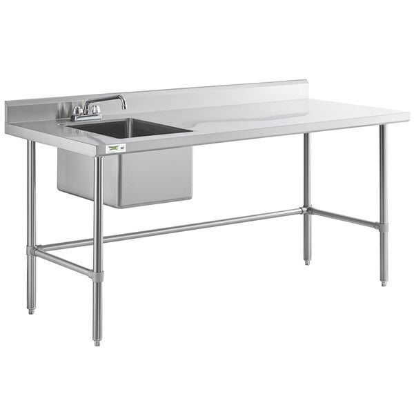 A stainless steel work table with a left-side sink, faucet, and cross bracing.