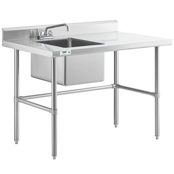 A stainless steel work table with a left-side sink, faucet, and cross bracing.