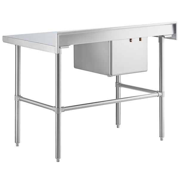 A stainless steel work table with a left-side sink, faucet, and cross bracing.