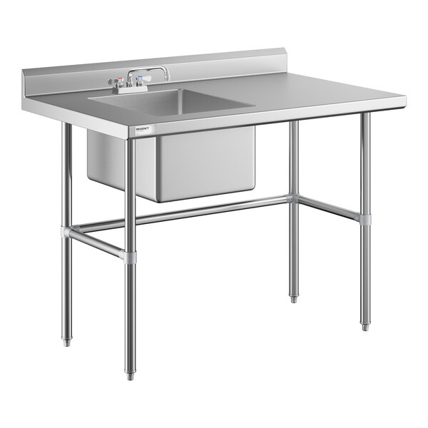 A stainless steel work table with a left-side sink, faucet, and cross-braced legs.