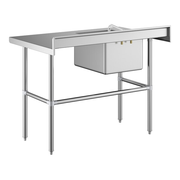 A stainless steel work table with a left-side sink, faucet, and cross-braced legs.