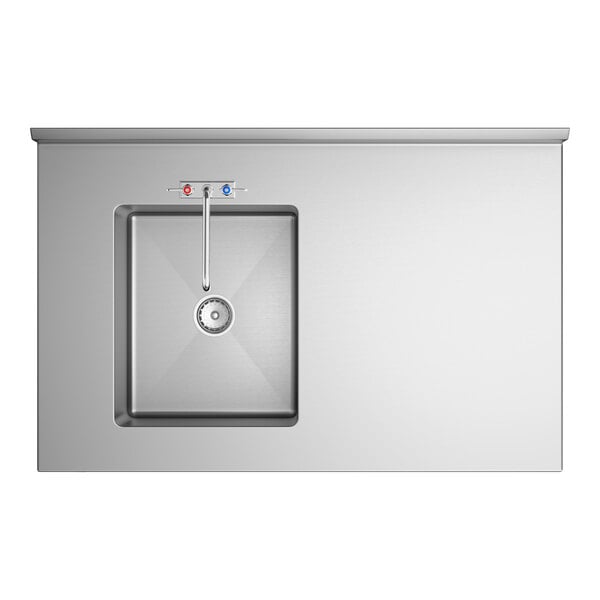 A stainless steel work table with a left-side integrated square sink, faucet, and cross bracing, viewed from above.