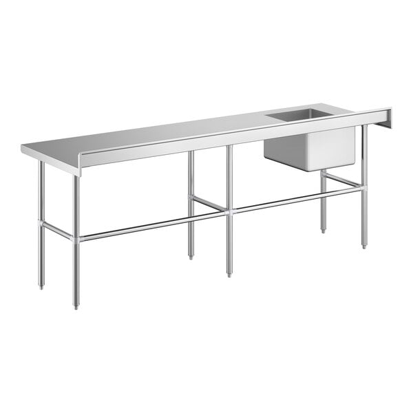 A stainless steel work table with a left-side sink and cross bracing.