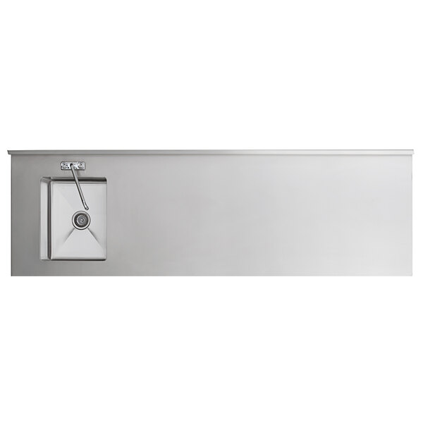 A stainless steel work table with a left-side sink, faucet, and cross bracing, measuring 30 inches by 96 inches.