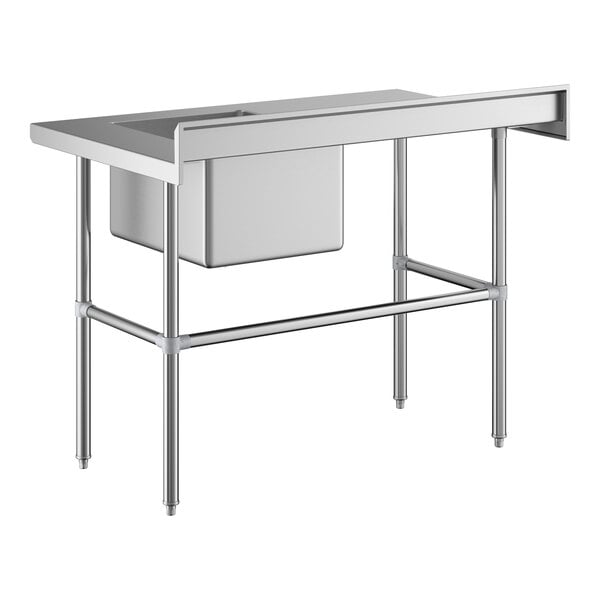 A stainless steel work table with a right-side sink and cross bracing.